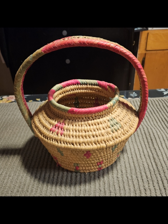 Other - Handwoven Straw Basket with Pink & Green Accents